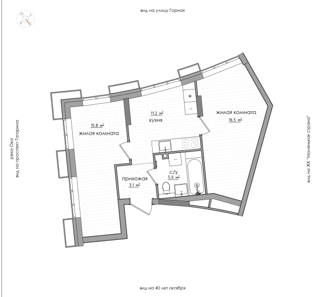 Планировка: 2-комнатная (евро), 51,6 м², 2 этаж