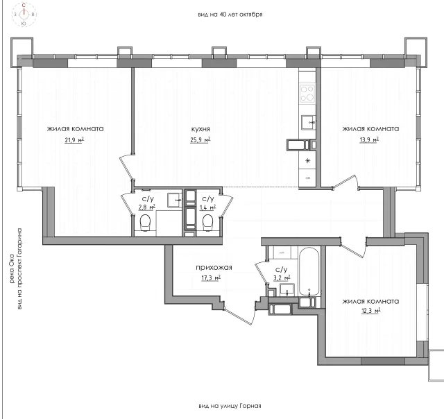 Планировка: 3-комнатная (евро), 95,3 м², 23 этаж