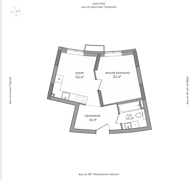 Планировка: 1-комнатная (евро), 36,4 м², 2 этаж